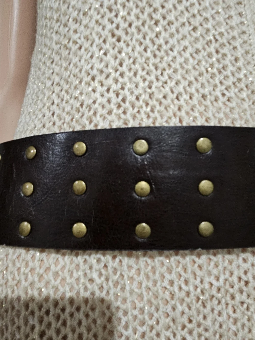 Vintage Wide Brown Leather Grommet Studded Belt Double Prong Waist Belt